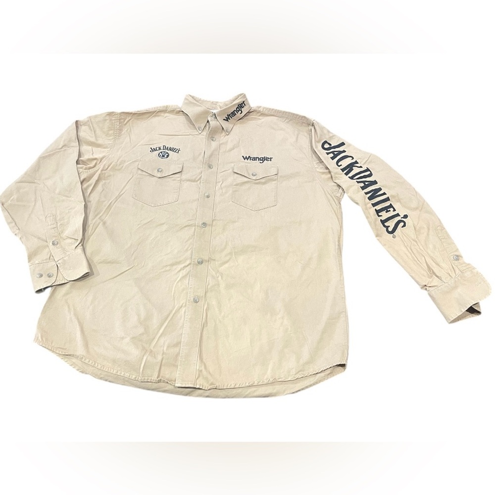 Wrangler Jack Daniels Button Up Shirt Beige Long Sleeve Men XL W/ Logos, Pocket